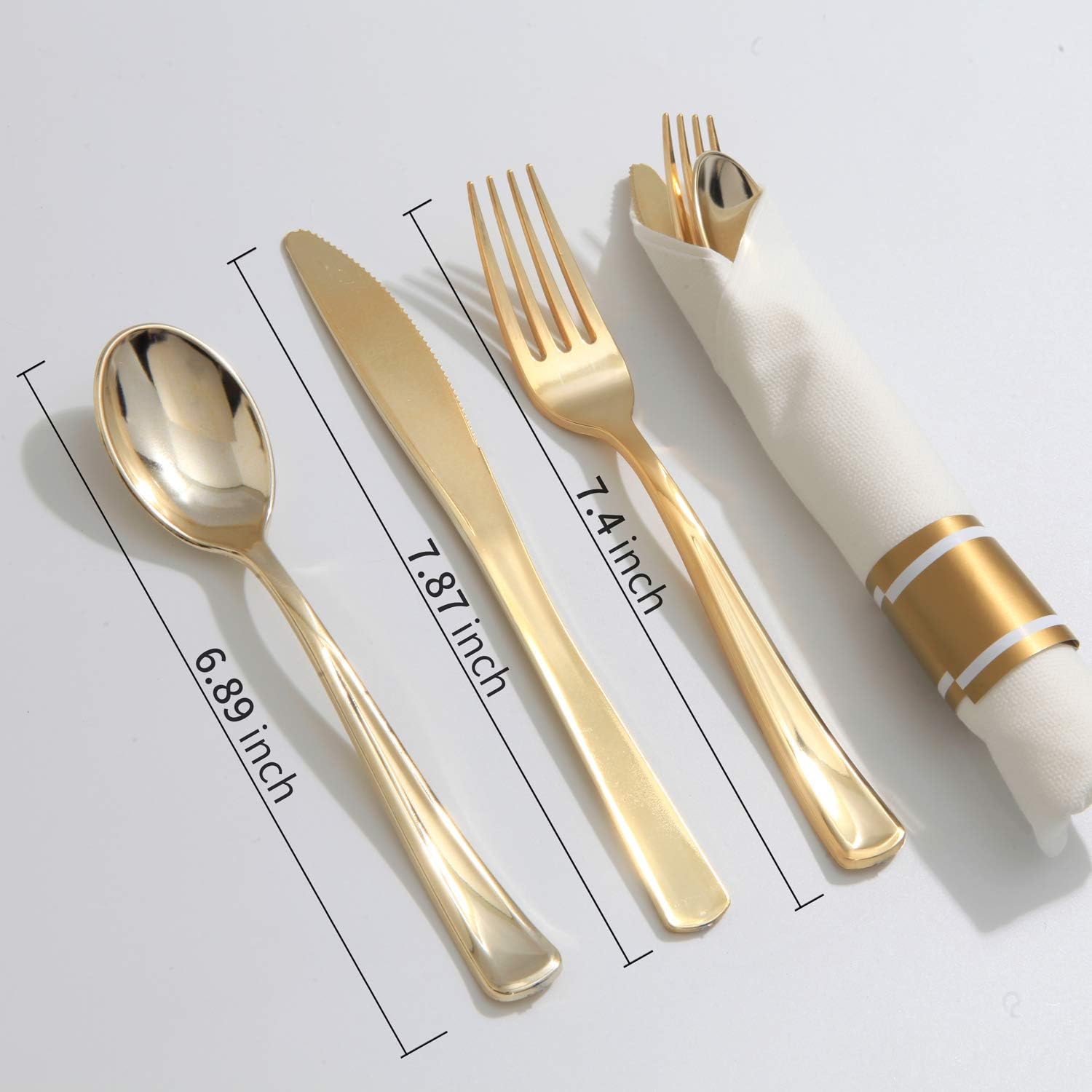 50Packs Pre Rolled Gold Plastic Silverware Sets Cutlery Napkins HL31NPR02